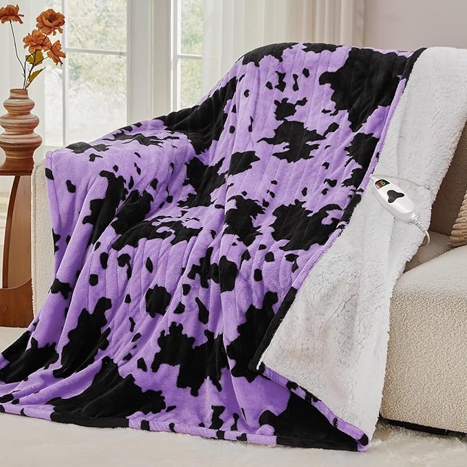 Cow Print Heated Electric Blanket Twin Size,62X84 Purple Heating Blanket with 10 Heats Levels & 8 Hours Auto Off,Highland Cow Fleece Sherpa Blankets Warmer Gifts for Women Adults Couch,Washable,ETL
