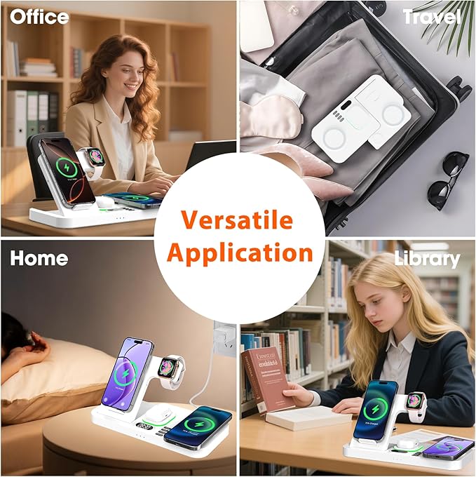 Dual Phone Magnetic Wireless Charging Station for Apple Devices/Apple Ecosystem,with Auto-Switch 7-Color Light & Clock, Compatible with iPhone 17/16/15, for iWatch 11/10/9 & AirPods Pro3（White）