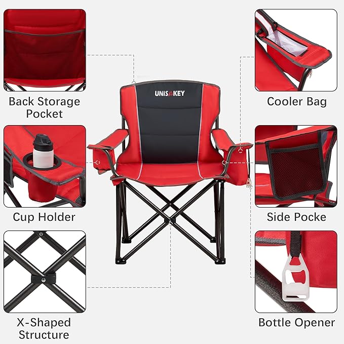 Oversized Folding Camping Chair for Adults - 450lbs Support - Heavy Duty Portable Lawn Chairs with Side Pocket Cup Holder Cooler Bag for Sports Garden Beach Fishing, Red 2 Pack