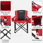 Oversized Folding Camping Chair for Adults - 450lbs Support - Heavy Duty Portable Lawn Chairs with Side Pocket Cup Holder Cooler Bag for Sports Garden Beach Fishing, Red