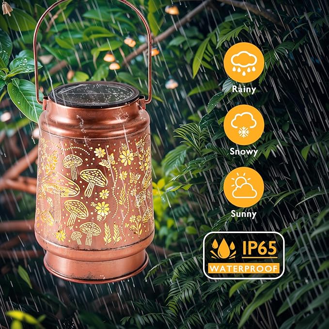 Homemory Solar Lanterns Mushroom Lights Outdoor Waterproof Garden Decor Women Gifts for Birthday, LED Hanging Solar Lights Metal Lantern Decoration Outside for Yard, Patio, Backyard, Porch, Lawn