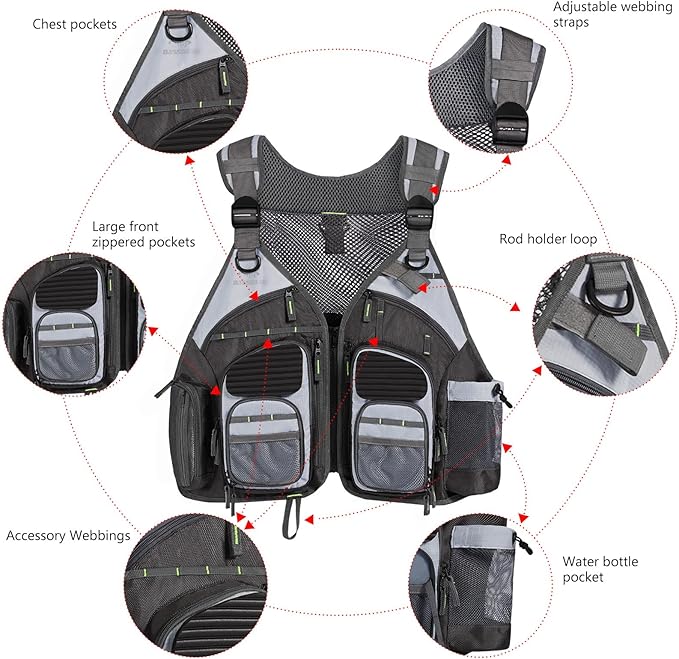 BASSDASH Strap Fishing Vest Adjustable for Men and Women, for Fly Bass Fishing and Outdoor Activities