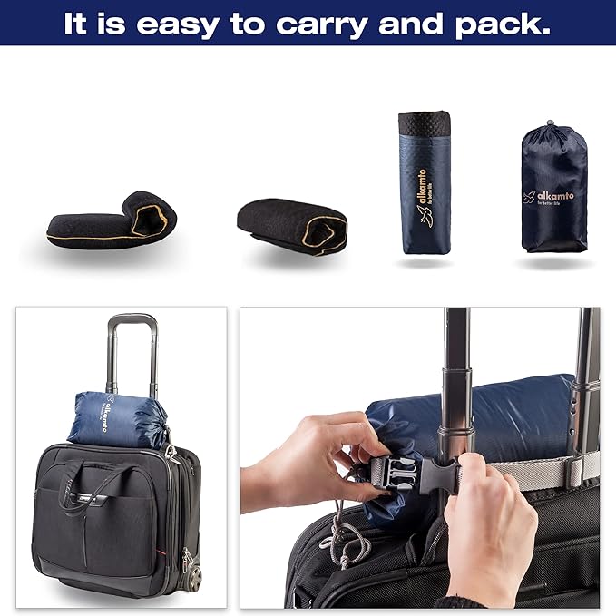 Travel & Camping Comfortable Memory Foam Pillow – Easy to Carry Portable Bag – Temperature Regulating Pillow Case (Black + Extra Cover)