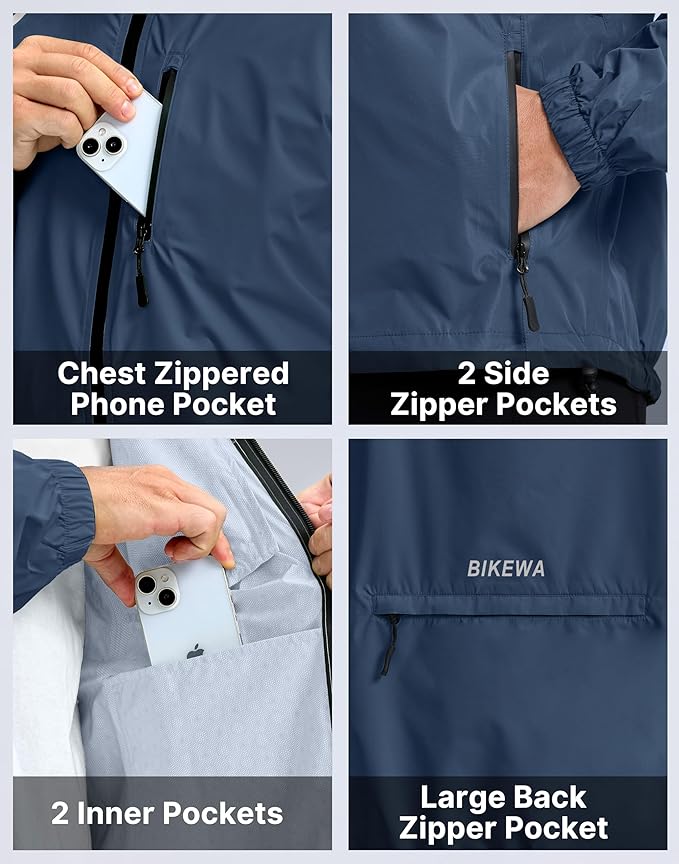 Men's Cycling Rain Jackets Waterproof Running Bike Windbreaker Lightweight Packable Hooded Jacket