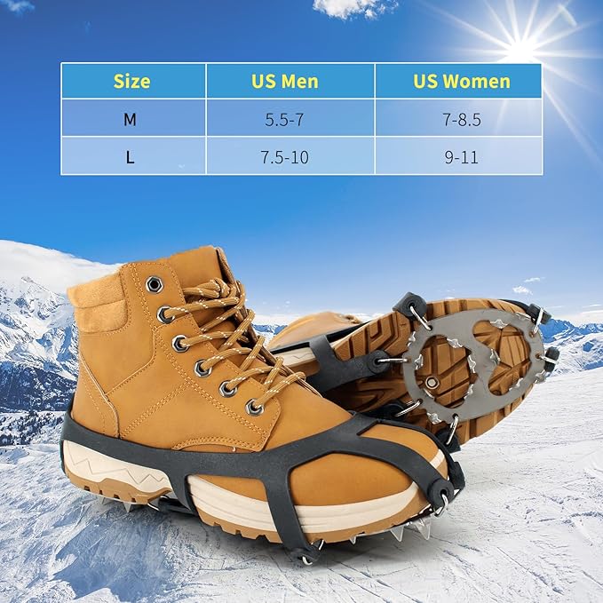 Ice Cleats, Upgraded Snow Grips 18 Stainless Steel Spikes Crampons, Strong Traction Anti-Slip, Walking Hiking on Ice & Snow Ground, Mountain Climbing, for Shoes Boots