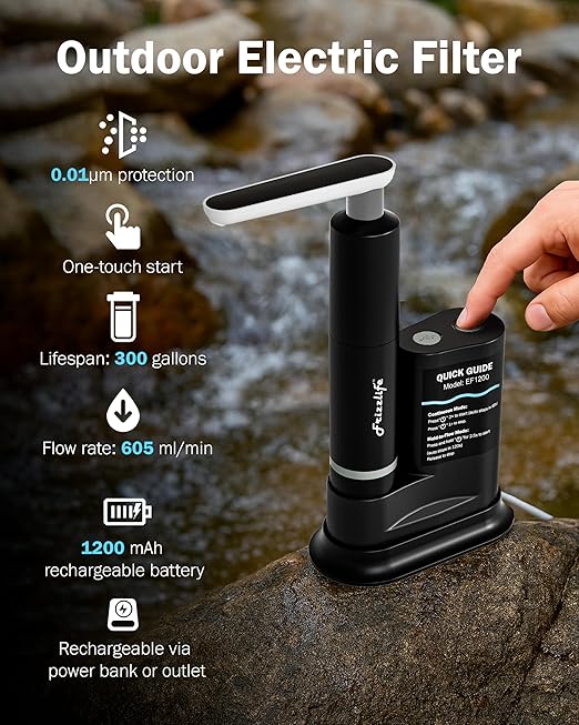 Frizzlife Electric Water Filter Camping, 0.01μm Ultrafiltration 7-Stage Portable Water Filter, Rechargeable Water Purifier for Camping, Survival, Backpacking, Hiking & Emergency, EF1200