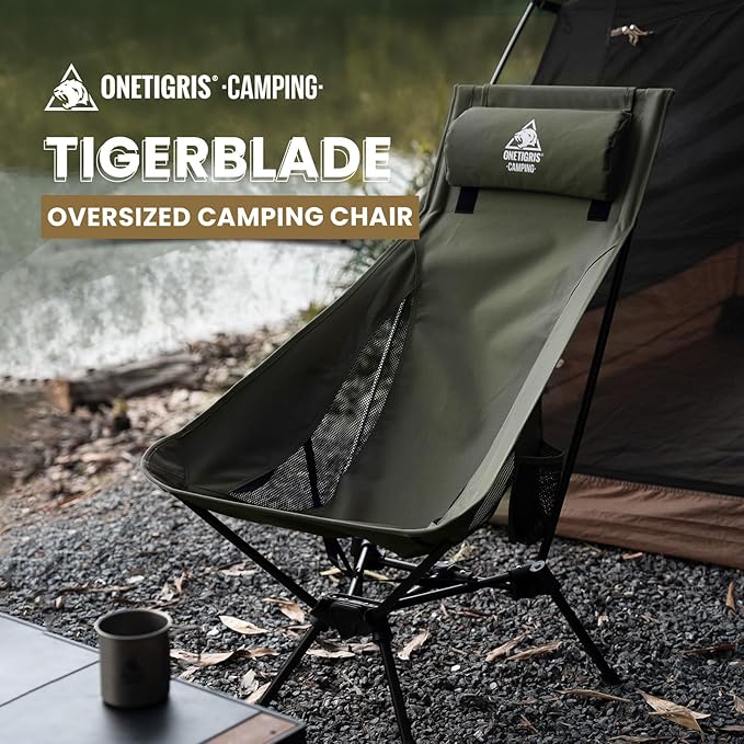 OneTigris Tigerblade High Back Camping Chair with Pillow Design, Comfortable Widened Seat Folding Chair