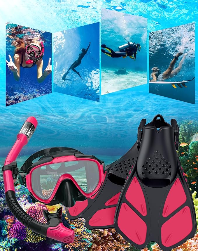 Snorkeling Gear for Adults Men Women,4 in 1 Snorkel Set with Panoramic View Diving Mask Anti-Fog Anti-Leak,Dry Top Snorkel,Fins and Travel Bag for Swimming,Snorkeling and Travel Diving