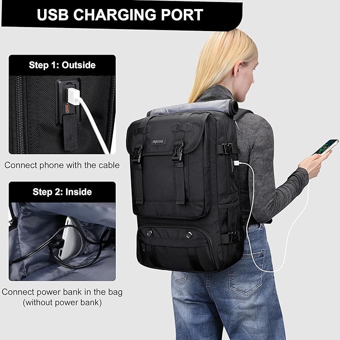 PIJUSHI Travel Backpack for Women Men Carry on Luggage Backpack Flight Approved Convertible Duffle Bag Fit 16 Inch Laptop(PE037 Black)