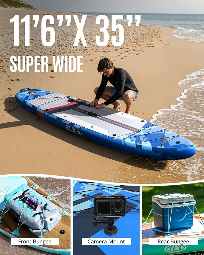 ZLX 11'6" Extra Wide Inflatable Stand Up Paddle Board SUP, Stable Non-Slip Deck Pad, Unique Fin System and Premium iSUP Accessories - Portable Backpack & Upgraded Pump for Adults, All Skill Levels
