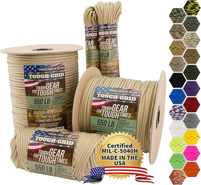 TOUGH-GRID 550 Paracord Rope Nylon Parachute Cord, Made in USA Survival Kit, Outdoor Adventures, Camping, Tactical Gear & Emergency Supplies, Military Type III Mil-Spec