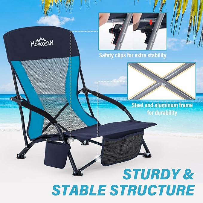 Homcosan Portable Low Folding Beach Chair with Detachable Umbrella - Lightweight Camping Chair for Adults with Cup Holder & Storage Pocket, Carry Bag Included (Navy & Blue)