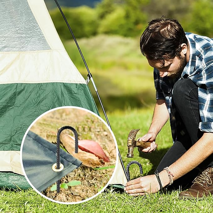 Rebar-Stakes-12Inch,J Hooks Ground Stakes Anchors for Gardening Black Coated Ground Stakes 4pcs Anti-Rust Heavy Duty Dog Fence Fixed Water Pipes Soccer Goals Tent Camping Trampoline