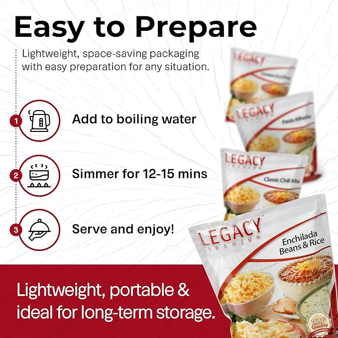 Legacy Food Storage 120 Serving Emergency Food Supply Bucket, 15 Entrees, 45,720 Total Calories, Shelf Stable Lunch & Dinner, Freeze Dried Survival Meals for MRE Camping, Hiking, Prepping