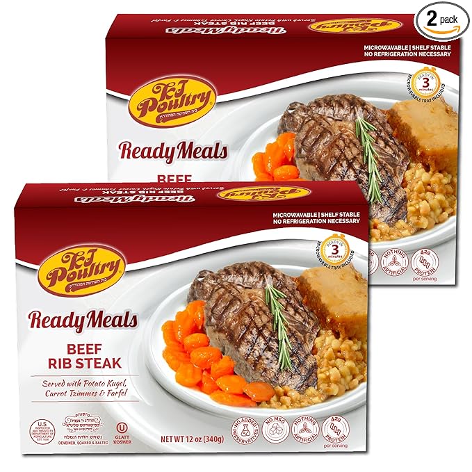 KJ Poultry Kosher Ready Meals - Beef Rib Steak & Kugel, MRE Meat Meals Ready to Eat, Shabbos Food (2 Pack) Prepared Entree Fully Cooked, Shelf Stable Microwave Dinner Travel Military Camping Survival