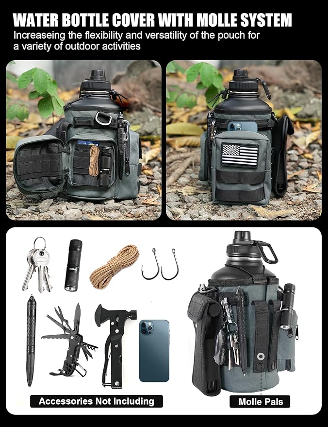Tactical Half Gallon Water Bottle with Straw, 64 oz Insulated Water Jug with Molle Sleeve, Stainless Steel Sport Bottle with 3 BPA Free Lids for Gym Workout Hiking (Gray, 64OZ)
