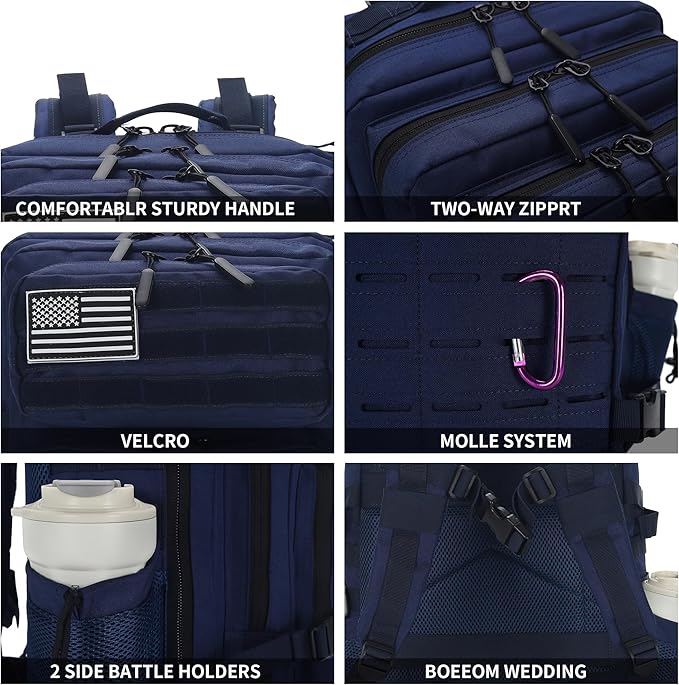 Sparklekle Military Tactical Backpack 45L 3 Day Assault Pack Waterproof Molle Hiking Rucksack for Men and Women (Blue)