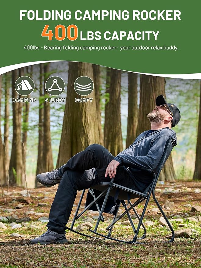 TIMBER RIDGE Folding Oversized Rocking Camping Chair, 400lbs Capacity Portable Outdoor Rocker with Hard Armrests, Cup Holder & Side Pocket, Quick-Fold Design for Outdoor, Patio, Lawn, Gray