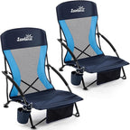 Lamberia Folding Beach Chair for Adults 2 Pack, Portable Low Beach Chairs with 300lbs Capacity, Lightweight Fodable Camping Chair for Travel, Picnic, Concert & Outdoor Activities, Navy Blue