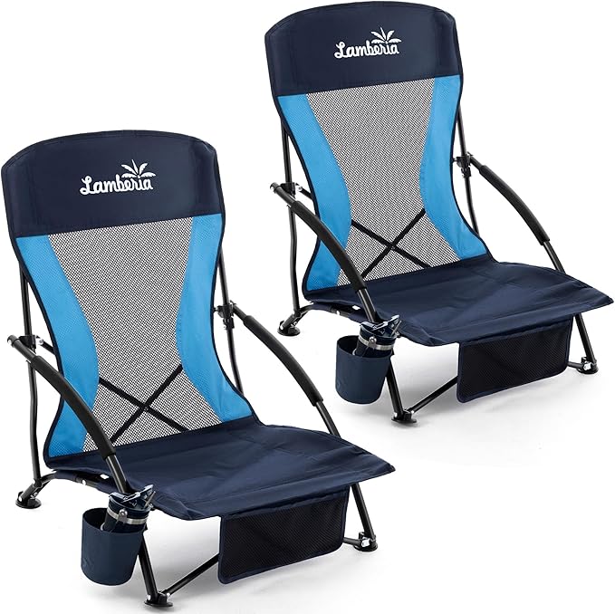 Lamberia Folding Beach Chair for Adults 2 Pack, Portable Low Beach Chairs with 300lbs Capacity, Lightweight Fodable Camping Chair for Travel, Picnic, Concert & Outdoor Activities, Navy Blue