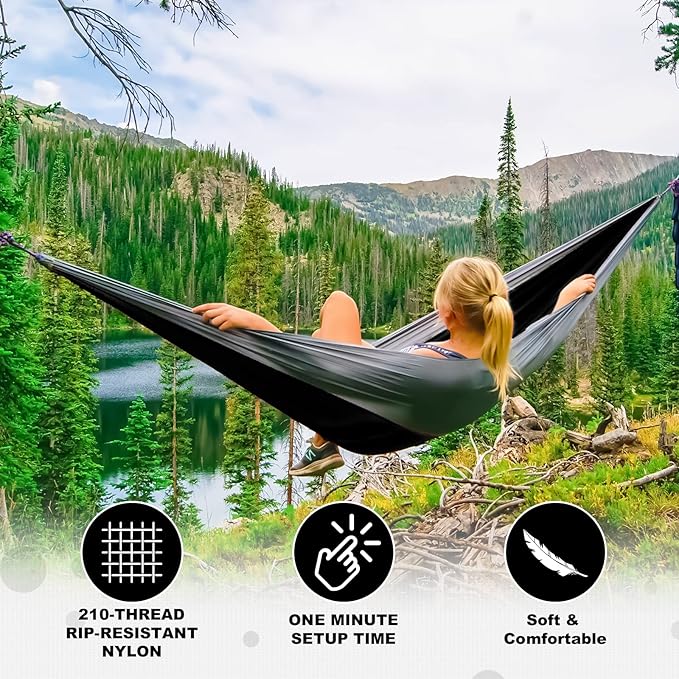SZHLUX Camping Hammock Double & Single Portable Hammocks with 2 Tree Straps and Attached Carry Bag,Great for Outdoor,Indoor,Beach,Camping,Black & Grey, Large