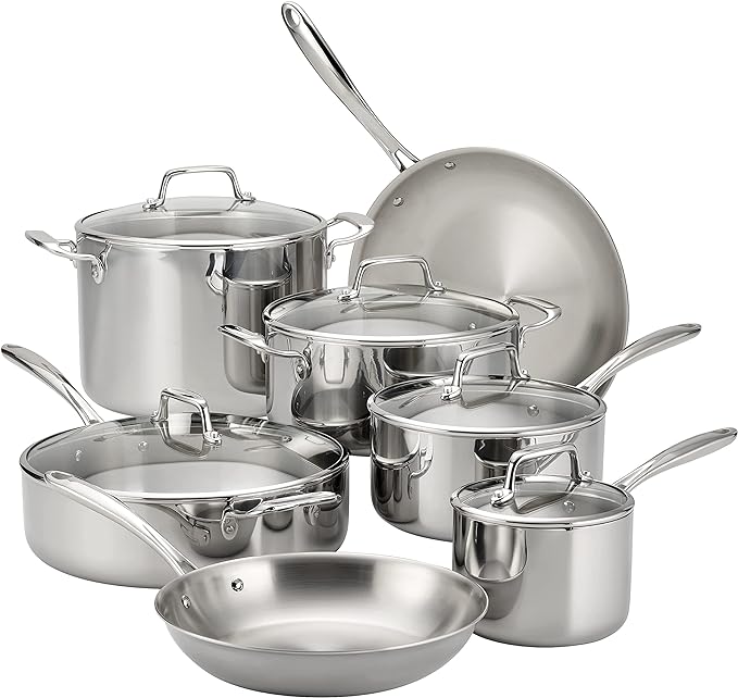 Tramontina Tri-Ply Clad Stainless Steel 12-Piece Cookware Set with Glass Lids, Pots and Pans Kitchen Set, Induction-Ready, Dishwasher-Safe, Made in Brazil