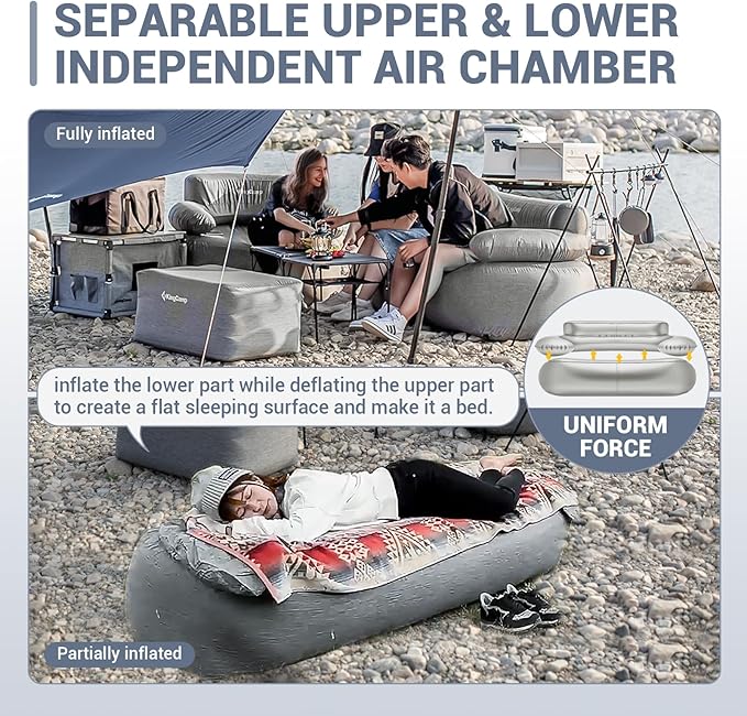 KingCamp Double Inflatable Couch for Camping, Portable Foldable Eco-Friendly Reach-Certified PVC Liner Air Lounger 2-Person Blow Up Sofa with Foot Pump, Pegs, Repair Kit & Removable Cover