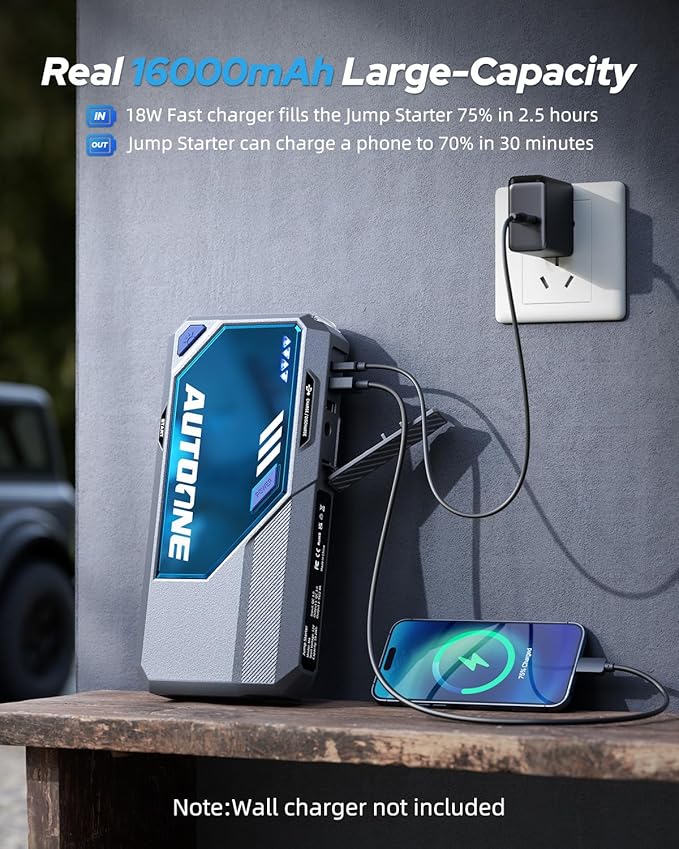 AUTOONE M4 Jump Starter 7500A Car Battery Jumper Starter Portable, 12V Jump Pack (All Gas/12L Diesel) Jump Box for Car Battery with Built-in Booster, Storage Case, LED Light, Jumper Cables