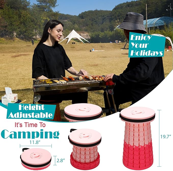 Spisces Upgraded Collapsible Stool with Cushion, 1000 lbs Capacity & 19.7-in High, Wider & Taller Heavy Duty Portable Telescoping Foldable Seat for Adults Camping, Travel, Music Festivals, Outdoors
