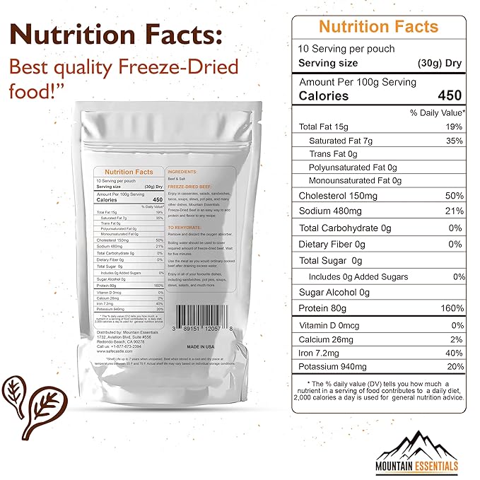 MOUNTAIN ESSENTIALS Freeze-Dried Diced Beef – Fully Cooked Meat | Pre-Cooked | 240g High Protein Intake | 10 Servings | Ready-to-Eat Meal Prep | Pantry Staples, Daily Meals, Emergency Survival, Camping Food | 7-Year Shelf Life | Made in USA