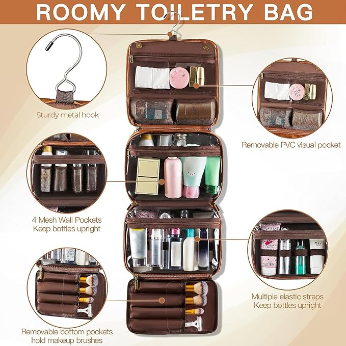 Elviros Hanging Toiletry Bag for Men Travel Essentials 3-in-1 Large Waterproof Dopp Kit PU Leather Shaving Bag with Separate Compartments for Grooming and Toiletries Mens Gift