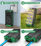 GOODaaa Power Bank Wireless Charger 36000mAh Built in 4 Cables Six Outputs 15W Fast Charging Power Bank for All Mobile Devices Three Inputs Solar Portable Charger with Dual Flashlights, Carabiner