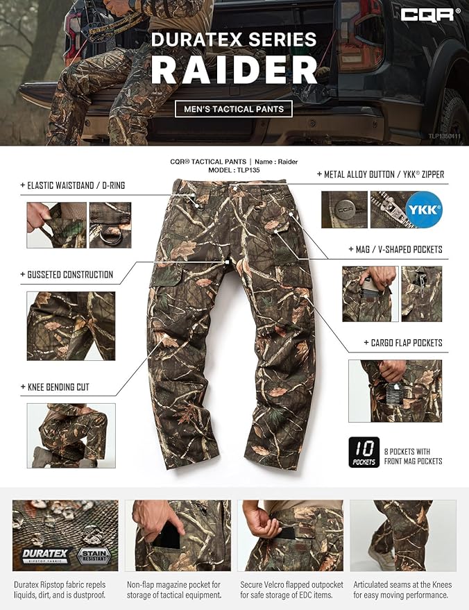 CQR Men's Tactical Pants, Water Resistant Ripstop Cargo Pants, Lightweight EDC Work Hiking Pants, Outdoor Apparel