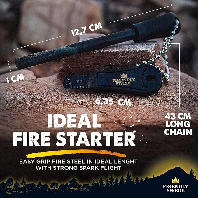 The Friendly Swede Ferro Rod Fire Starter Tool 2-Pack — Flint and Steel Fire Starter Survival Tool with Long Ferro Rod; Weatherproof Firestarter for Camping, Hiking & BBQs; Ergonomic Handle; Easy Grip