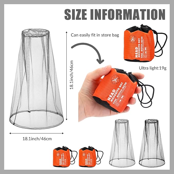 Hestya 2 Pack Mosquito Head Mesh Net Midge Insects Bugs Head Face Net Protecting for Outdoor Hiking Camping Climbing Walking(Black, Light Gray)