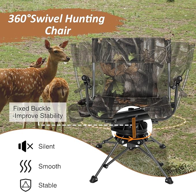 REDCAMP 360° Swivel Hunting Chairs for Ground Blinds, Portable Folding Camo Camping Chairs for Adults Hunting Seats with Hard Arms for Fishing Camping
