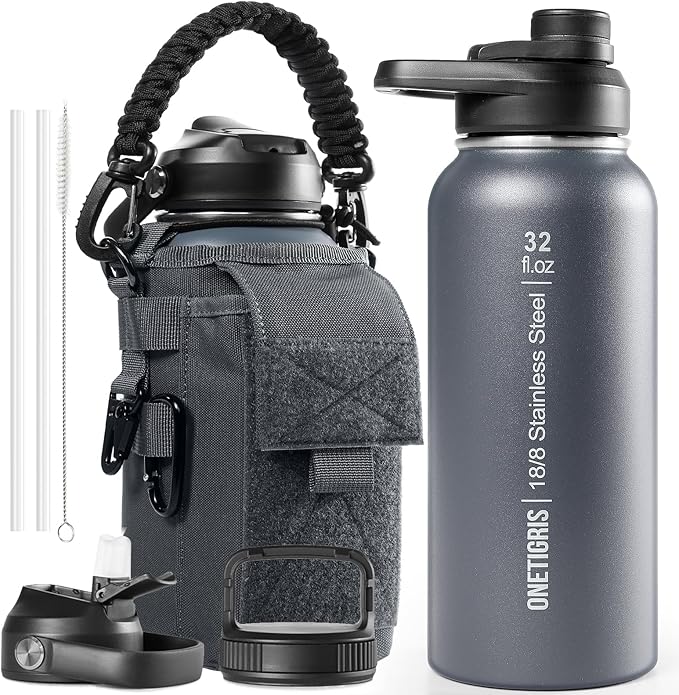ONETIGRIS 32 oz Insulated Water Bottle with Straw - Tactical Stainless Steel Water Jug, Leakproof Wide Mouth Sport bottle with 3 Lids and Sleeve for Travel, Gym, Camping, Hiking