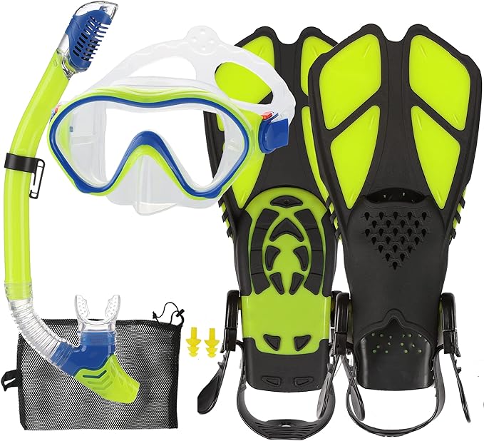 Kids Mask Fins Snorkel Set Snorkeling Packages, with Diving Mask, Snorkel, Adjustable Swim Fins, Mesh Bag, Anti-Fog Anti-Leak Snorkeling Gear for Kids for Snorkeling Swimming Diving