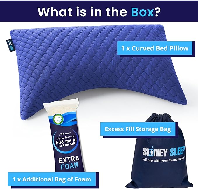 Sidney Sleep Pillow for Side and Back Sleepers - Comfort for Neck and Shoulder Pain - Adjustable and Customizable Shredded Memory Foam Filling - Queen Size - Additional Foam Fill Included (Blue)