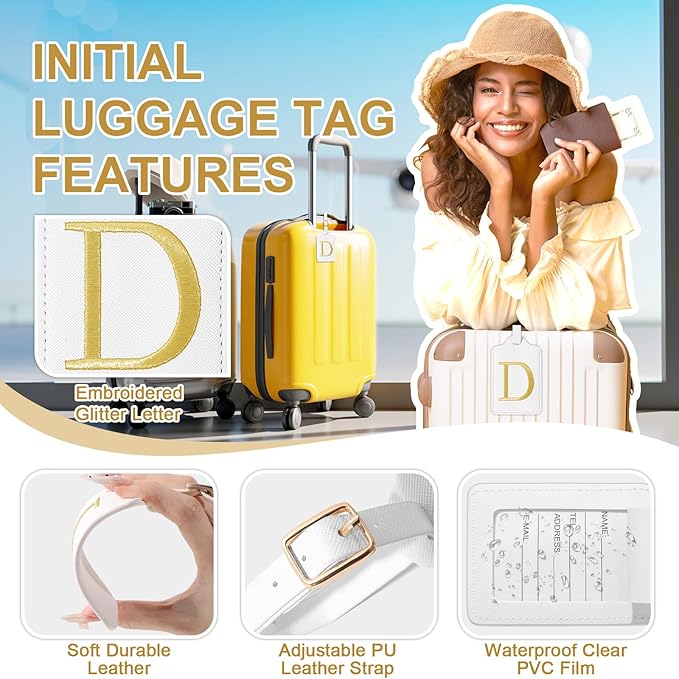 Personalized Initial Luggage Tags for Suitcase TSA Approved, White Leather Cute Luggage Tag with Privacy Cover Name Card, Embroidered Custom Luggage Tags Travel Baggage Tags Gifts for Women Kids(D)