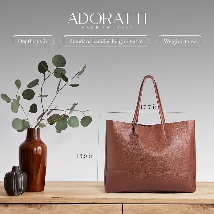 Italian Leather Tote Bag for Women - Large Shoulder Shopper, Fits 16” Laptop, Keychain Holder, Made in Italy