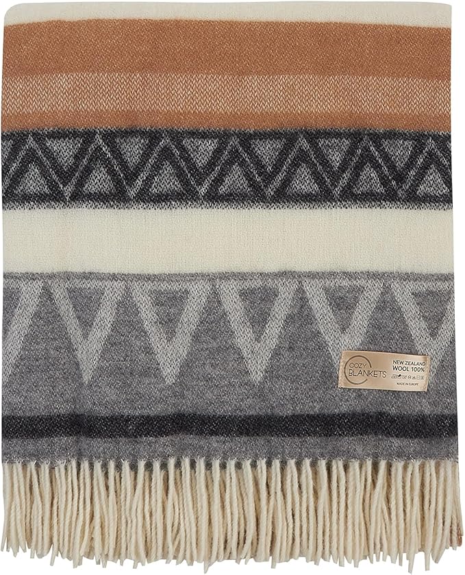 Cozy Wool Blanket | 100% Virgin Wool from New Zealand | Perfect Throw/Sofa Blanket with Fringes in Stripes Design (140 x 200 cm)