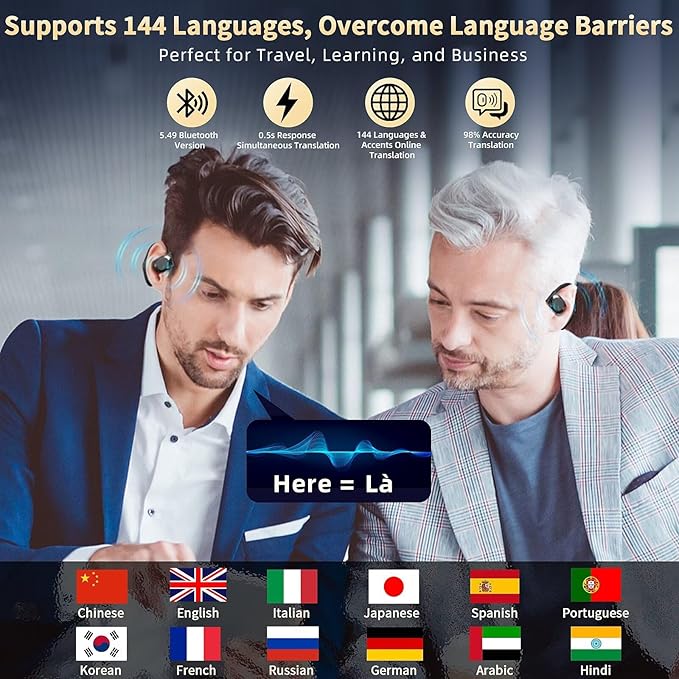 Ai Language Translation Earbuds, Translator Earbuds Real Time with APP Compatible with iOS & Android, 144-Language Bluetooth Headphones Translating Device for Travel and Business - Black