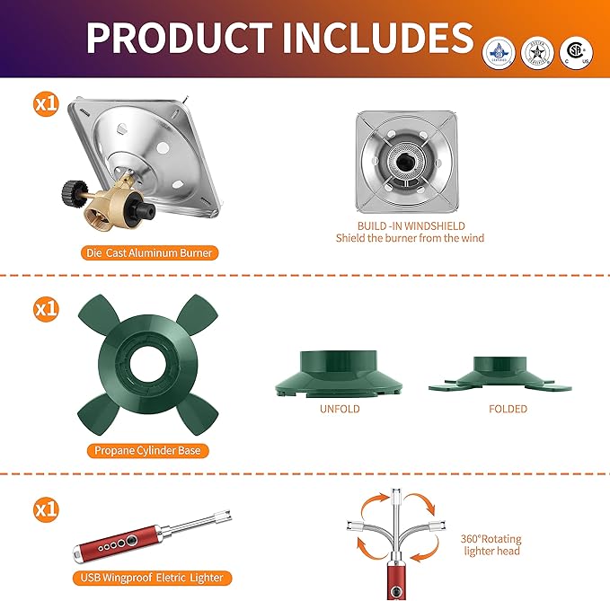 Propane Cylinder Top Stove with Adjustable Burner, Portable Camping/Backpacking Cooker 10000BTU,Camping Stove Propane,Single Burner Propane Stove,Camp Gas Stove with a USB Ligther (Fuel not included)