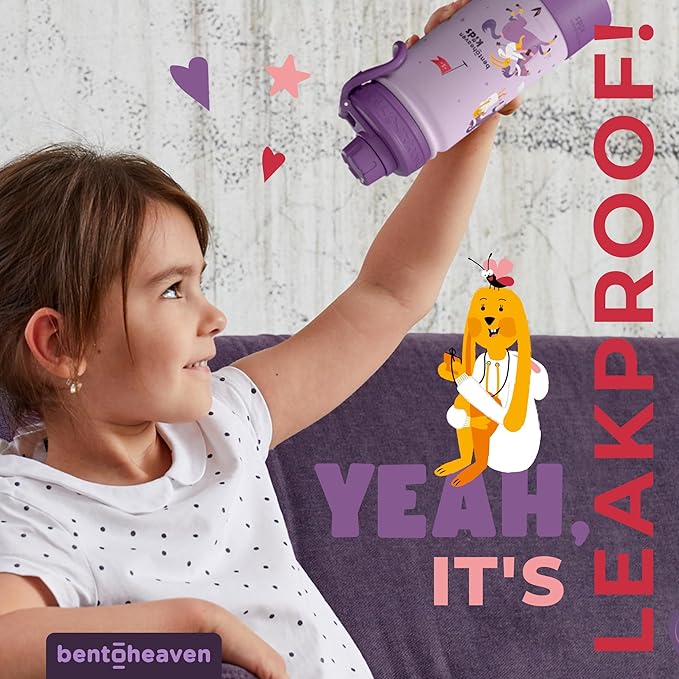 Bentoheaven Kids Water Bottle Stainless Steel for Boys & Girls, 2 Lids (Chug & Straw), Handle & Silicone Boot, Reusable Metal Leak-proof Insulated Tumbler, School & Sports 17oz (Purple)