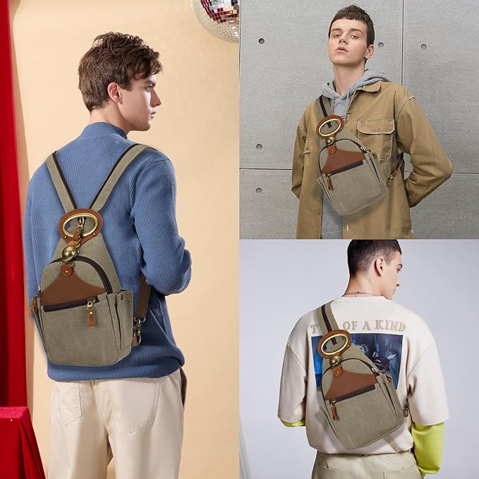 KouLi Buir Canvas Sling bag,Small Crossbody Backpack,Convertible Chest Bag Casual Daypack For Outdoor Cycling Hiking Travel (B3611-Olive Green-N)