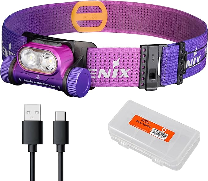 Fenix HM65R-T V2.0 Running Headlamp, 1600 Lumen White Light and Warm White Dual Beams, USB-C Rechargeable, Lightweight Long Runtime for Trail Running, with Organizer (Nebula)