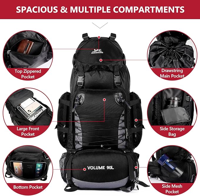 90L Hiking Backpack, Camping Travel Backpack with Rain Cover Lightweight Travel Daypack for Climbing Camping Touring (Black)