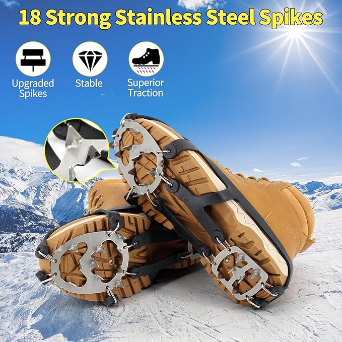 Ice Cleats, Upgraded Snow Grips 18 Stainless Steel Spikes Crampons, Strong Traction Anti-Slip, Walking Hiking on Ice & Snow Ground, Mountain Climbing, for Shoes Boots