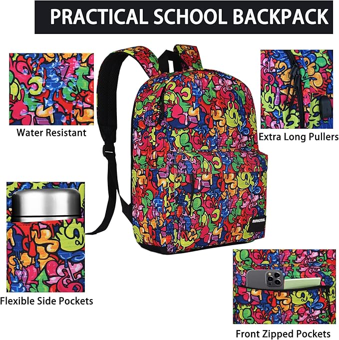 SUPACOOL Casual Laptop Backpack for Men and Women, Backpack for College, USB Charging Port, Lightweight Pack Back(Graffiti)